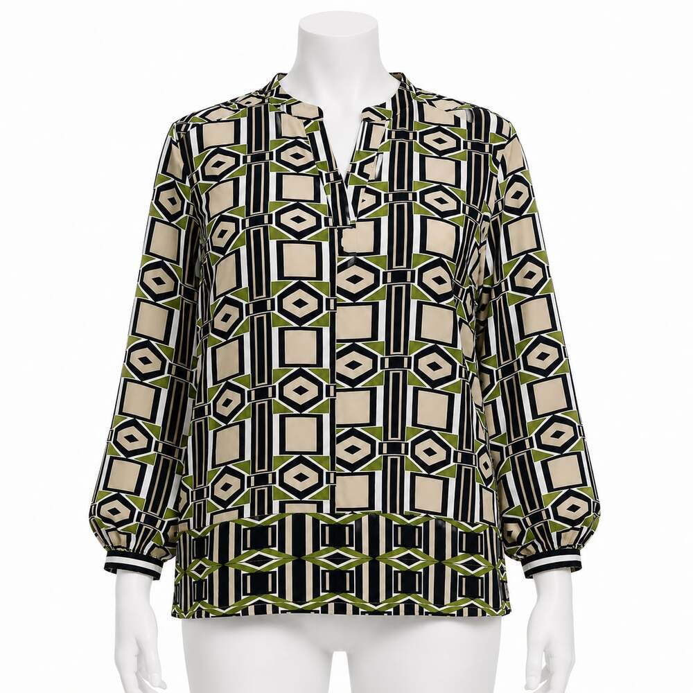 Jones New York Collection Geometric Print Long Sleeve Split Neck Blouse Size 16